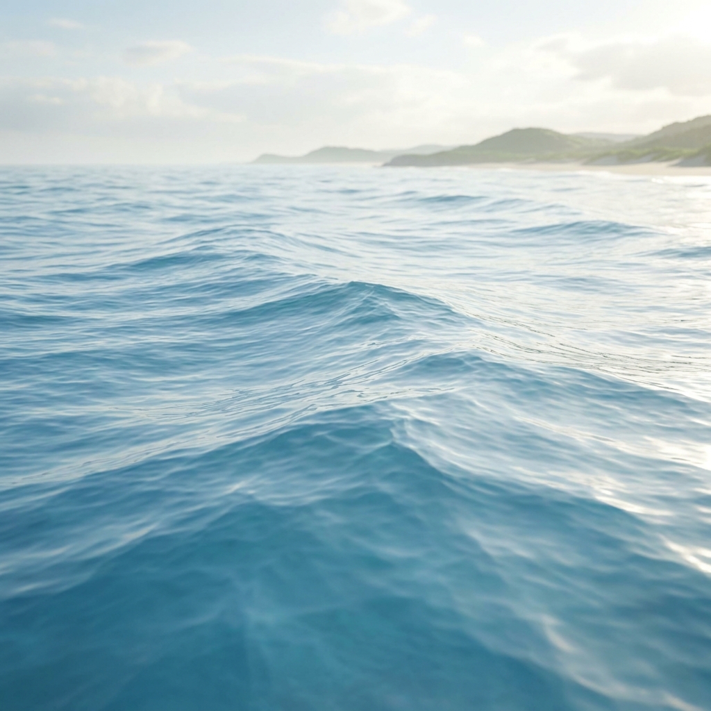 A gentle ocean swell rises and falls a small distance from the calm surface. This low amplitude means the wave carries a.