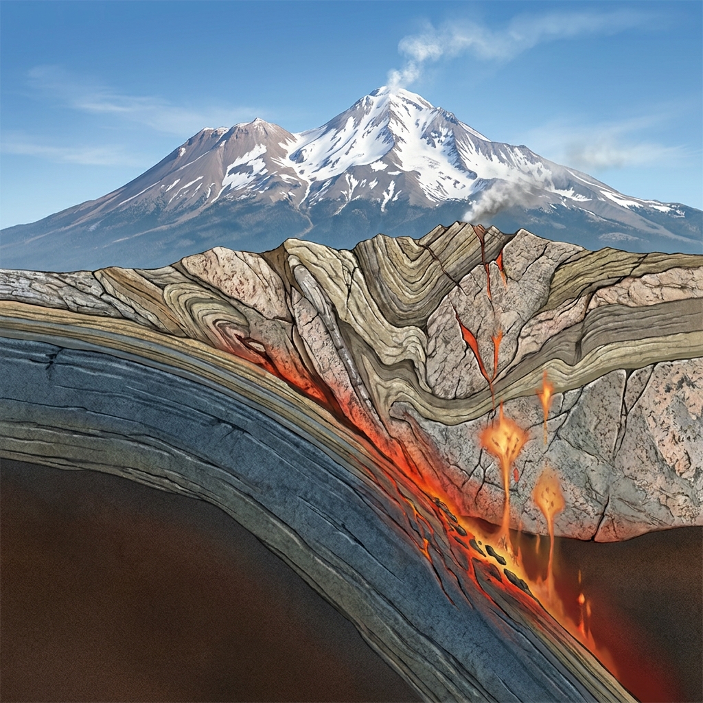We see that Mount Shasta is a volcano formed by subduction. Data shows rock strata there are pushed upward by the force of.