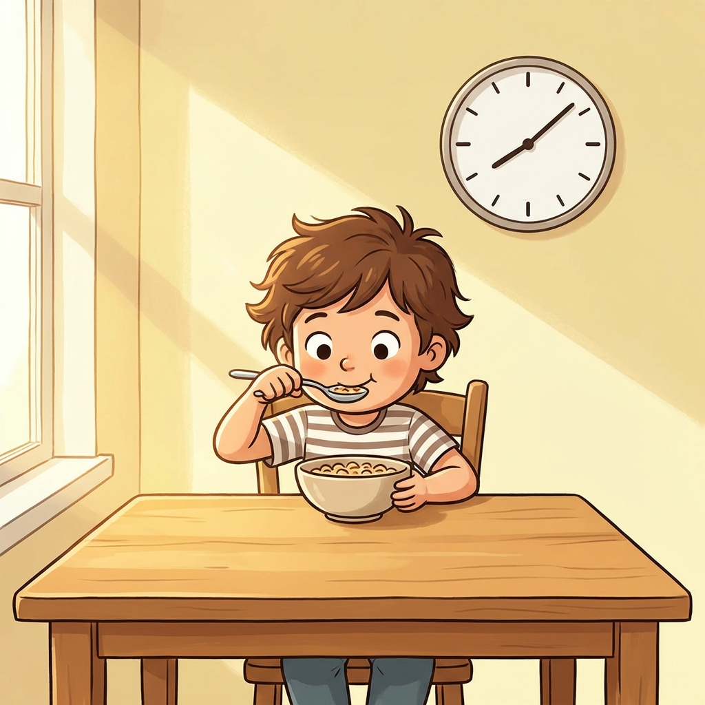 You eat breakfast at 8:10 a.m. This is in the morning. It is an example of a.m. because it happens before noon.