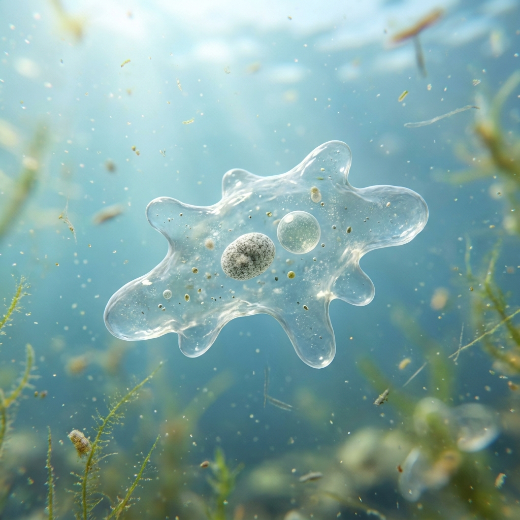 An Amoeba is a unicellular organism. It is a single, complete cell that moves and eats on its own. This shows that one cell.