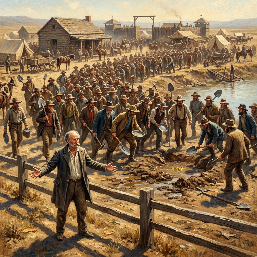 John Sutter owned a large amount of land where gold was first found. Because so many people rushed to his land to find gold.