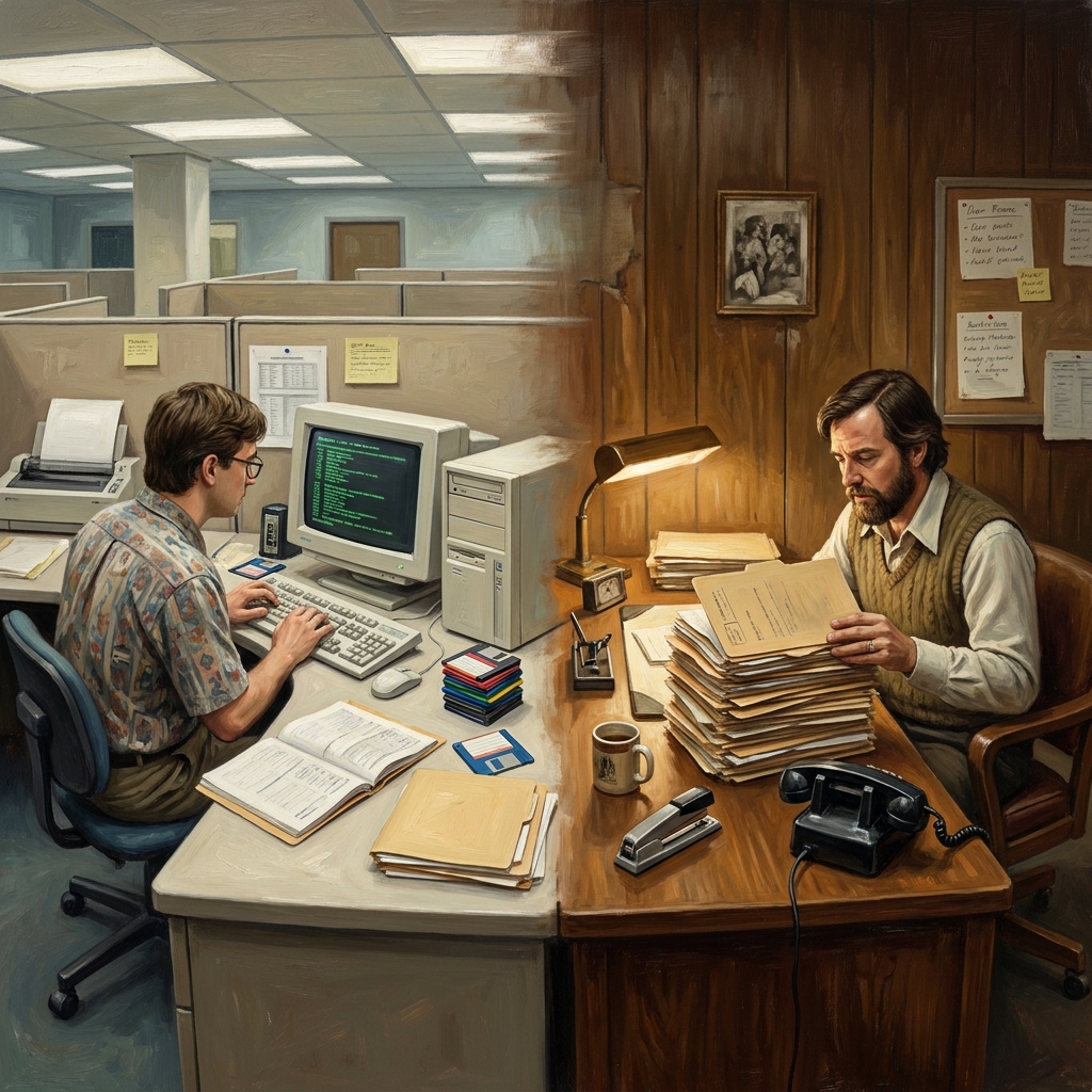 A database administrator in the 1990s organized company files on a computer, and a social worker in the 1970s managed case.