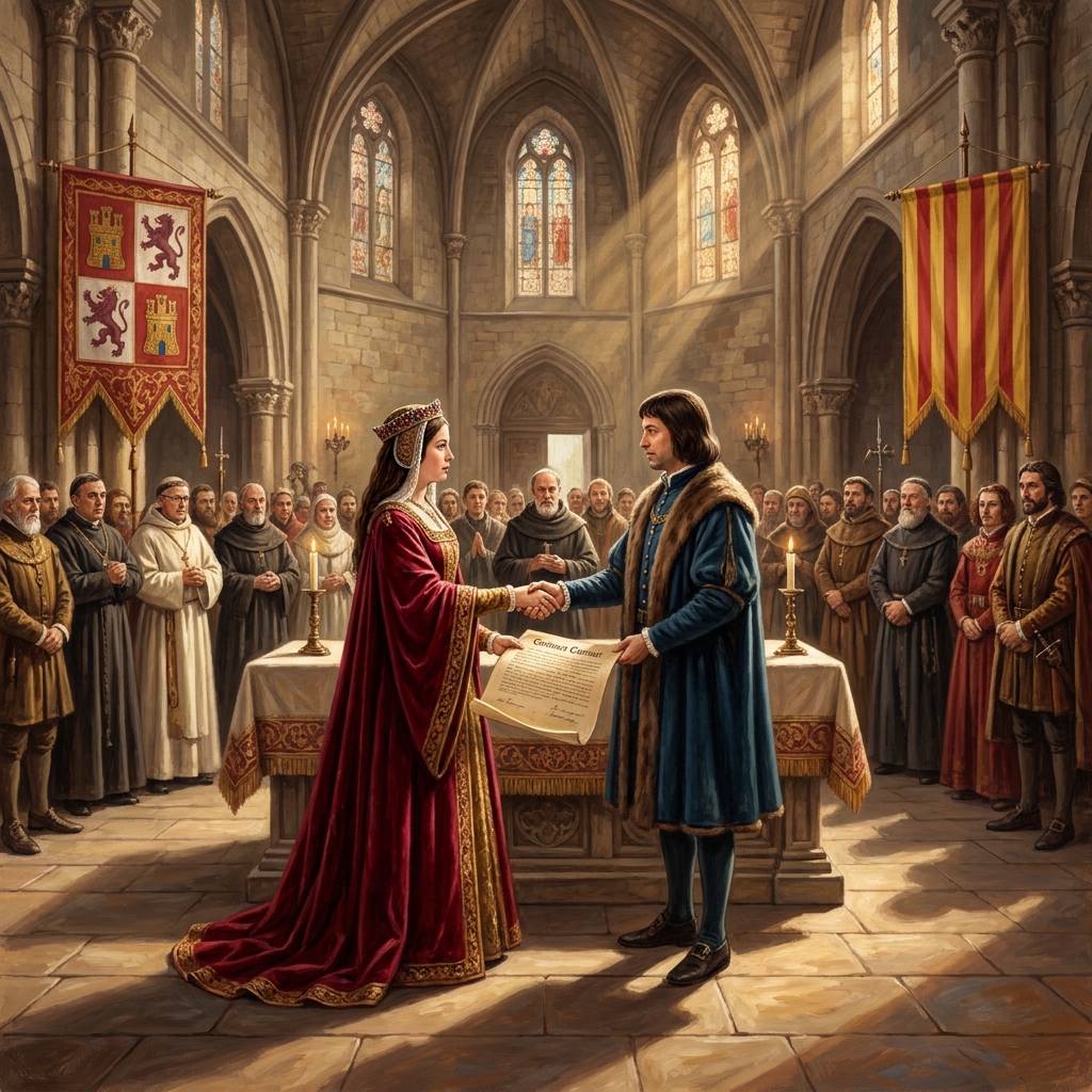 The marriage of Isabella of Castile and Ferdinand of Aragon in 1469 is a major example of the Reconquista's progress. By.