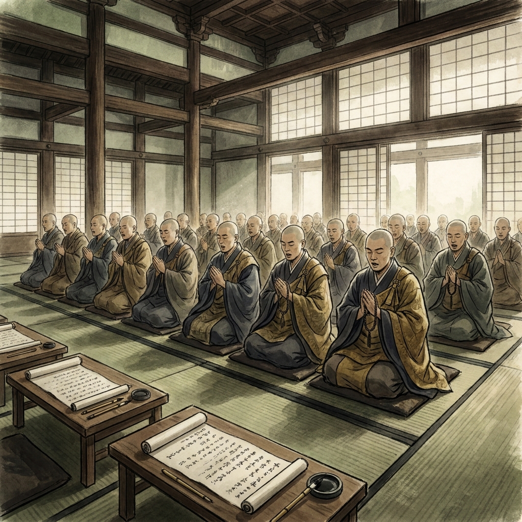 In a Tendai temple, monks perform the ritual chanting of the Lotus Sutra. This chanting is a specific practice that members.