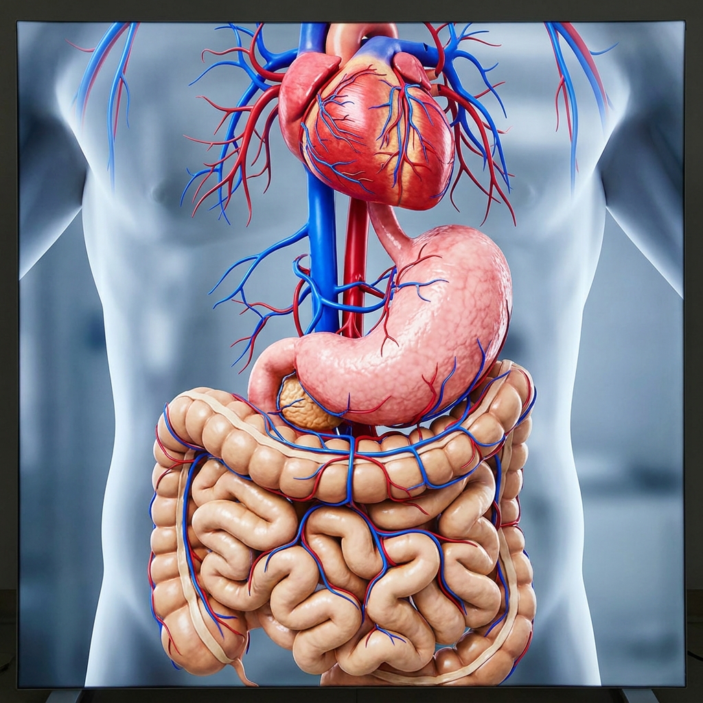 The digestive system, including the stomach and intestines, breaks down food. The circulatory system, including the heart.