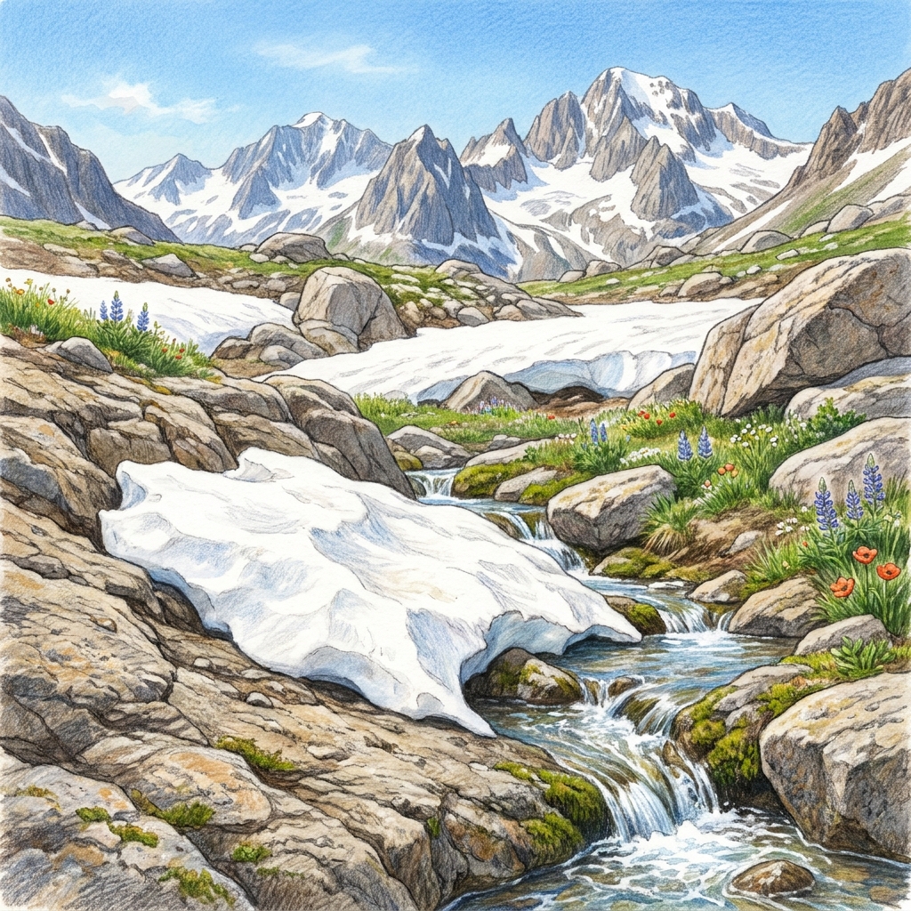In the Sierra Nevada mountains, snow melts into liquid water. The snow is solid water, and the liquid is liquid water. Both.