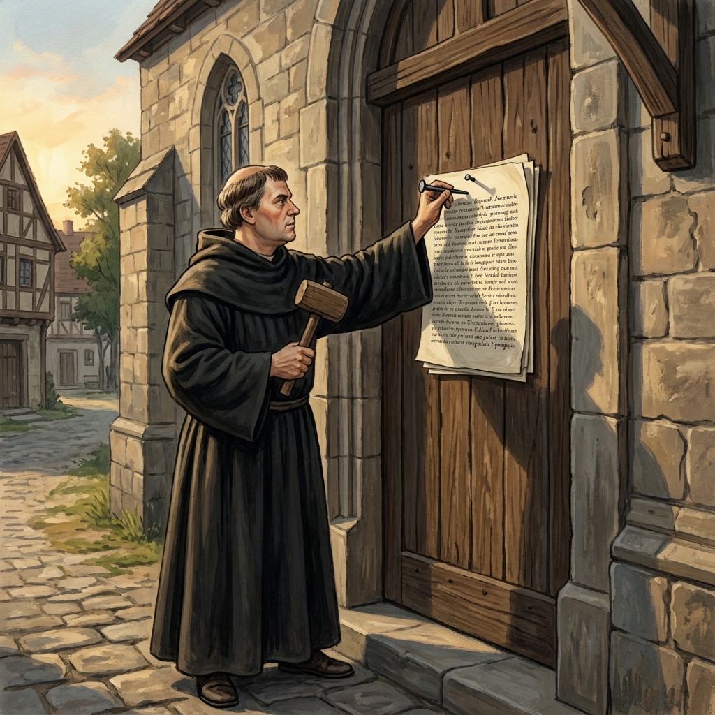 Martin Luther posted 95 theses on a church door in 1517. These were arguments against certain church practices, like the.