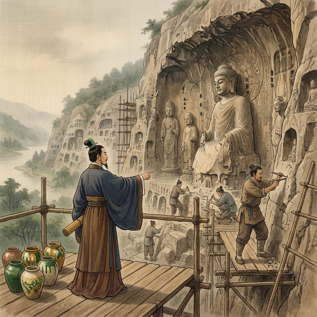 The Longmen Grottoes are massive stone carvings of Buddha built into cliffsides. The Tang emperors gave money and land to.
