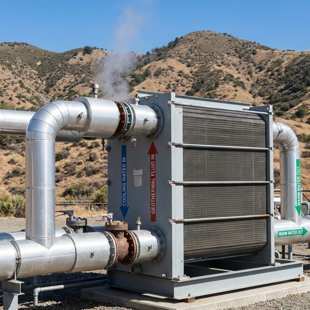 At The Geysers in California, geothermal fluid is injected into a heat exchanger. The hot fluid transfers its thermal energy.