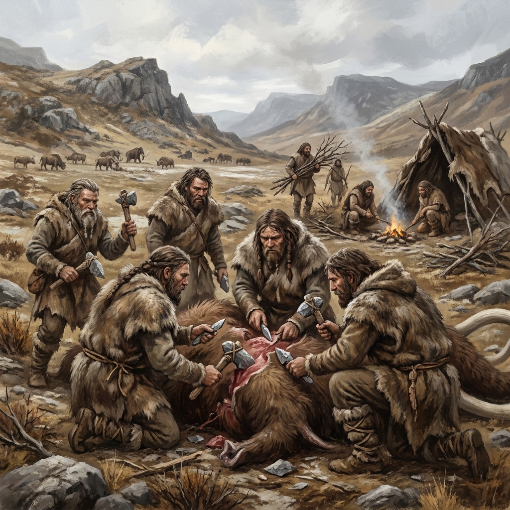 A Paleolithic group uses hand axes to butcher a carcass. The hand axe is a stone tool with a sharp edge, which allows the.
