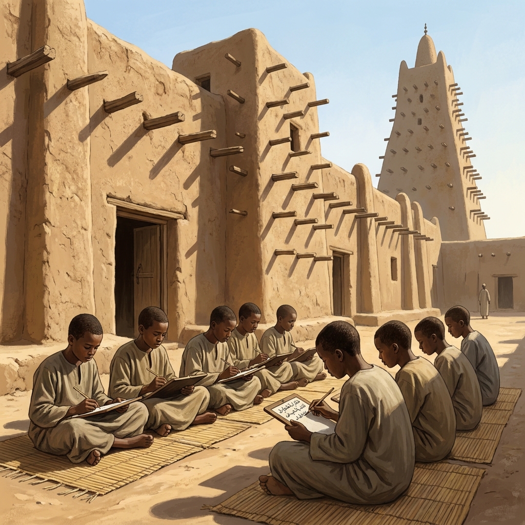 In Timbuktu, the establishment of mosques and madrasas shows cultural diffusion. A madrasa is an educational institution.