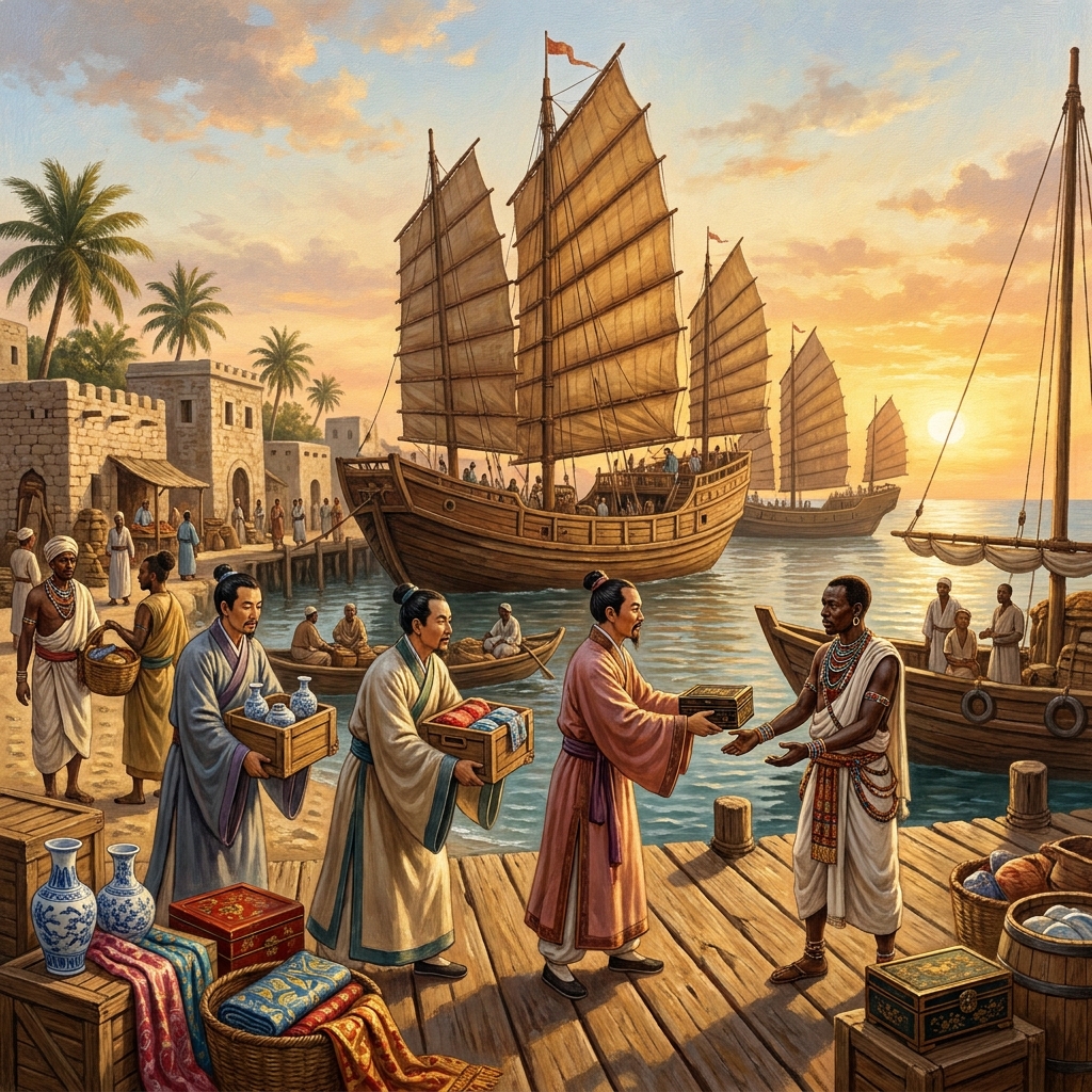 Zheng He's treasure ships arrived at ports in East Africa to trade Chinese goods for exotic items. This is a trade network.