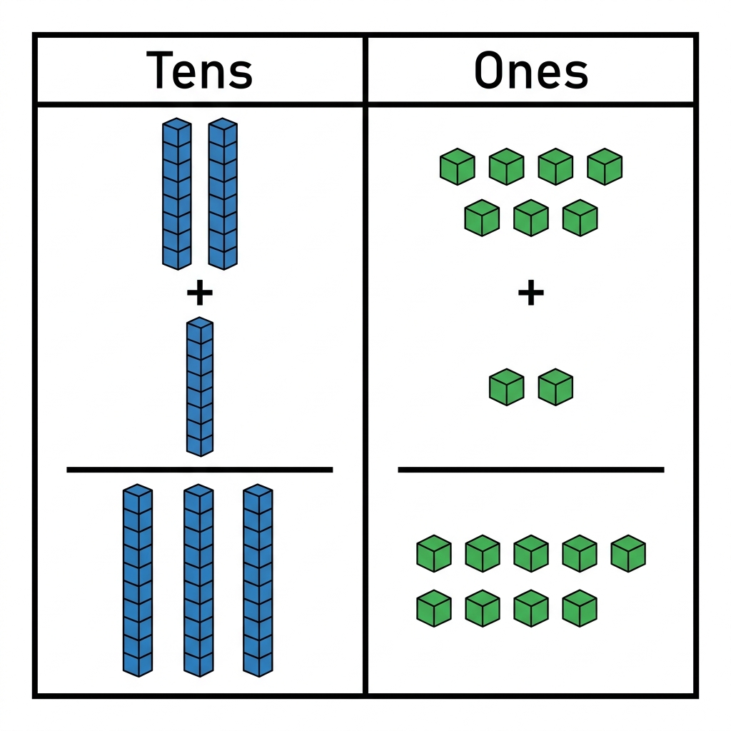 We have 27 blocks and 12 blocks. We want to find the total. Let's figure out how many tens and ones we have in all.