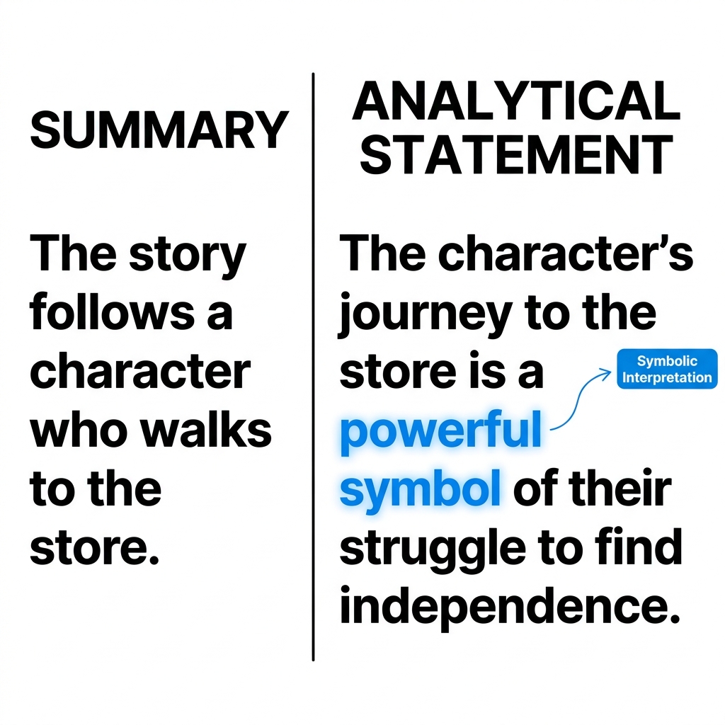 Another non-example is: 'The story follows a character who walks to the store.' This is just a summary of events. We could.