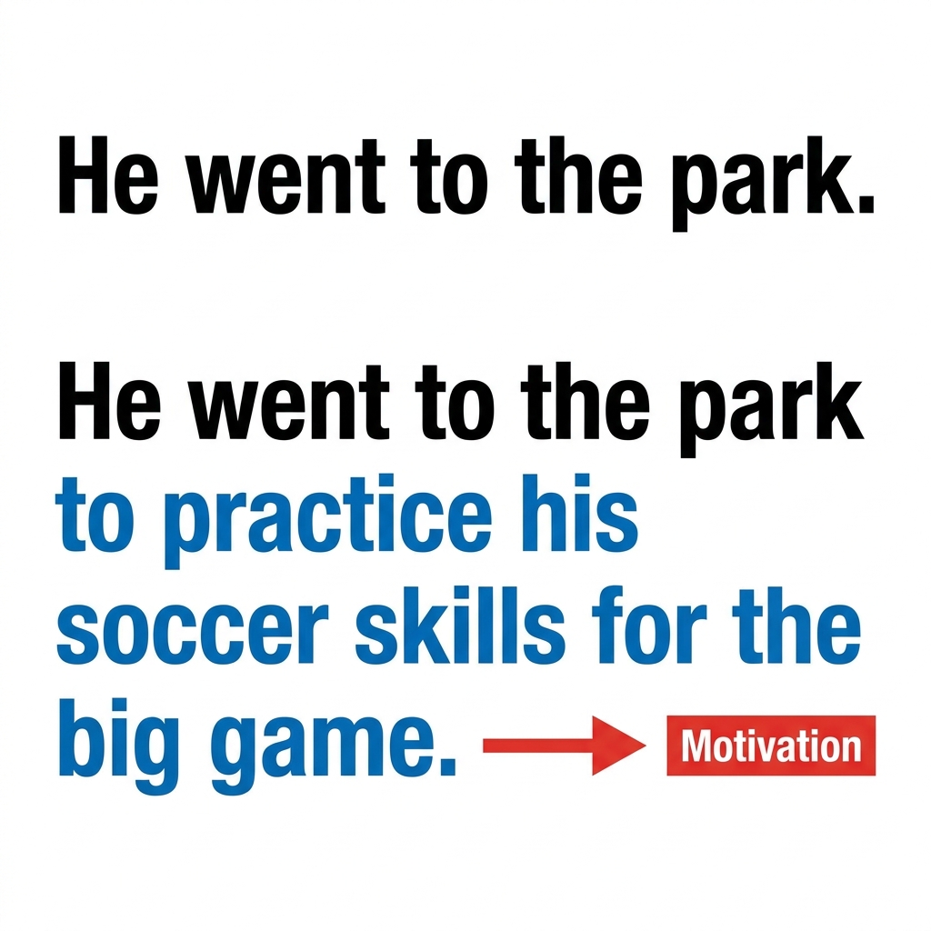 Another example of a simple action is 'He went to the park.' This sentence tells us what happened but not why. We can show.