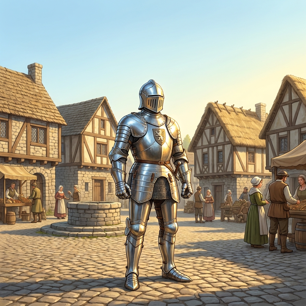 Example 1: 'The knight stood tall, his armor shining in the sun, as he stepped forward to protect the village.' This shows.