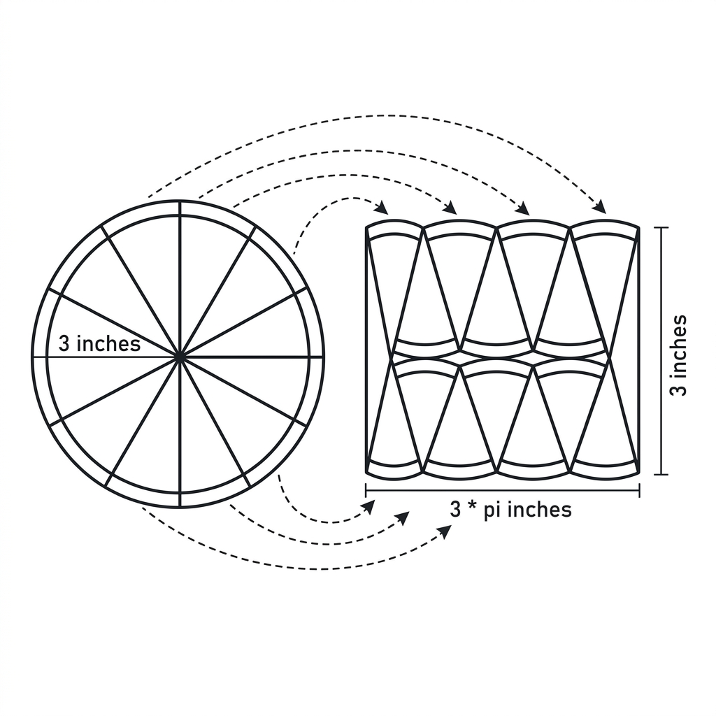 If we cut this pizza with a radius of 3 inches into many small slices and rearrange them, they form a rectangle with a.