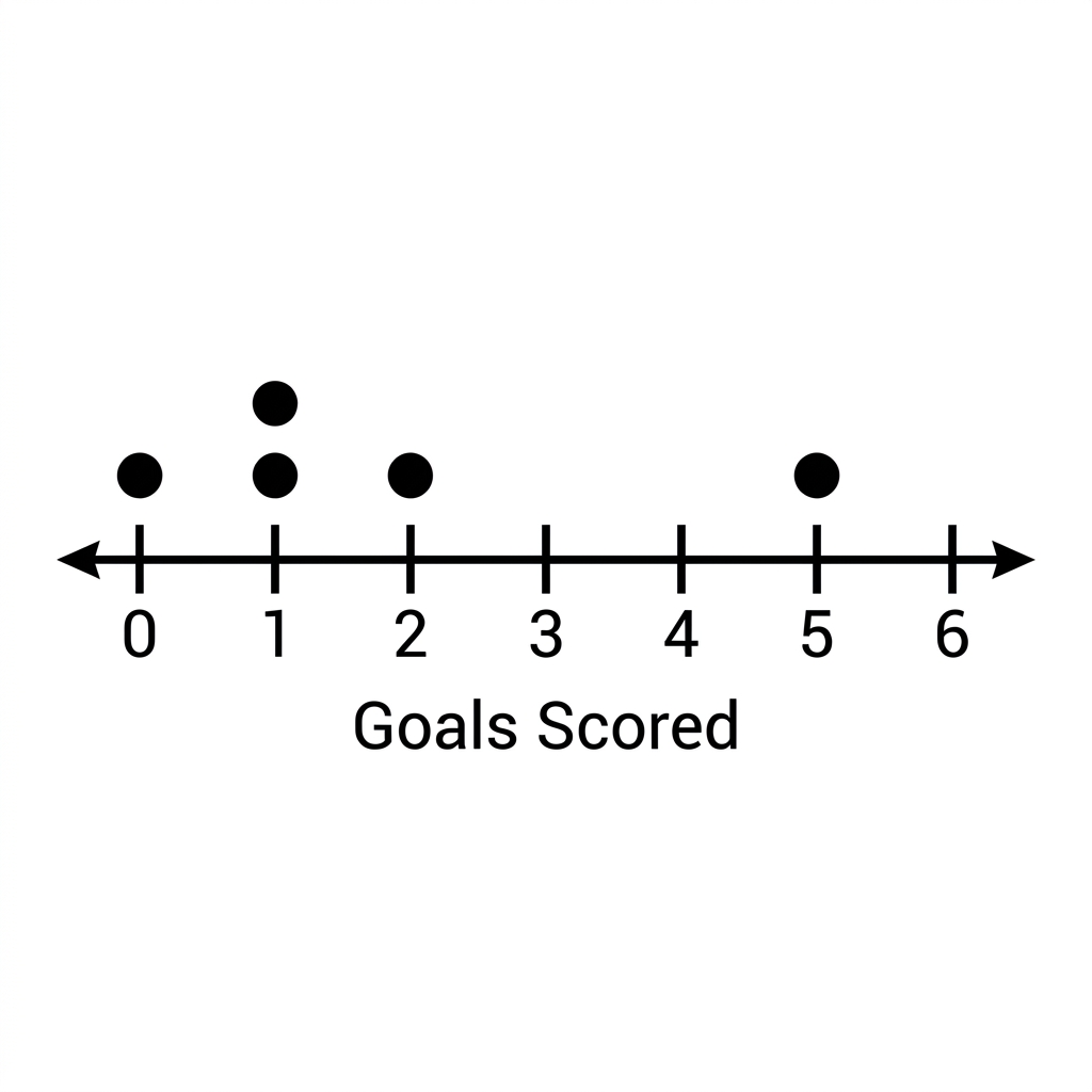 Another example is the number of goals scored in soccer matches. If the goals are 0, 1, 1, 2, 5, the distribution shows a.