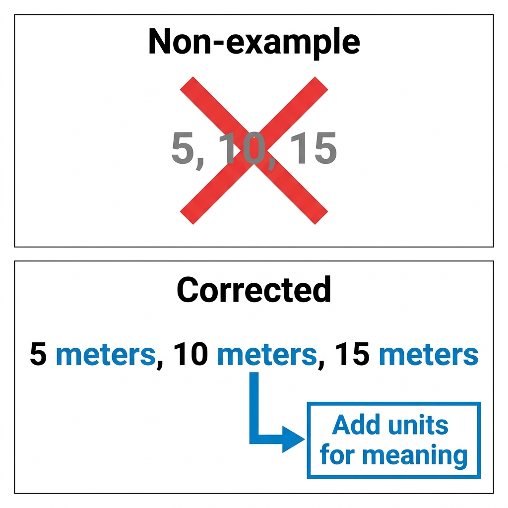 A list of numbers like 5, 10, and 15 without any units is a non-example. To fix this, we could label them as 5 meters, 10.
