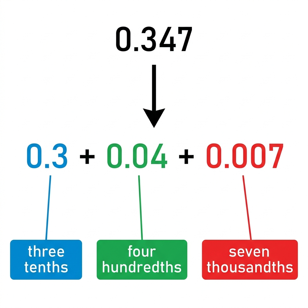 For the number 0.347, we can write it in expanded form as 0.3 + 0.04 + 0.007. This shows that we have three tenths, four.