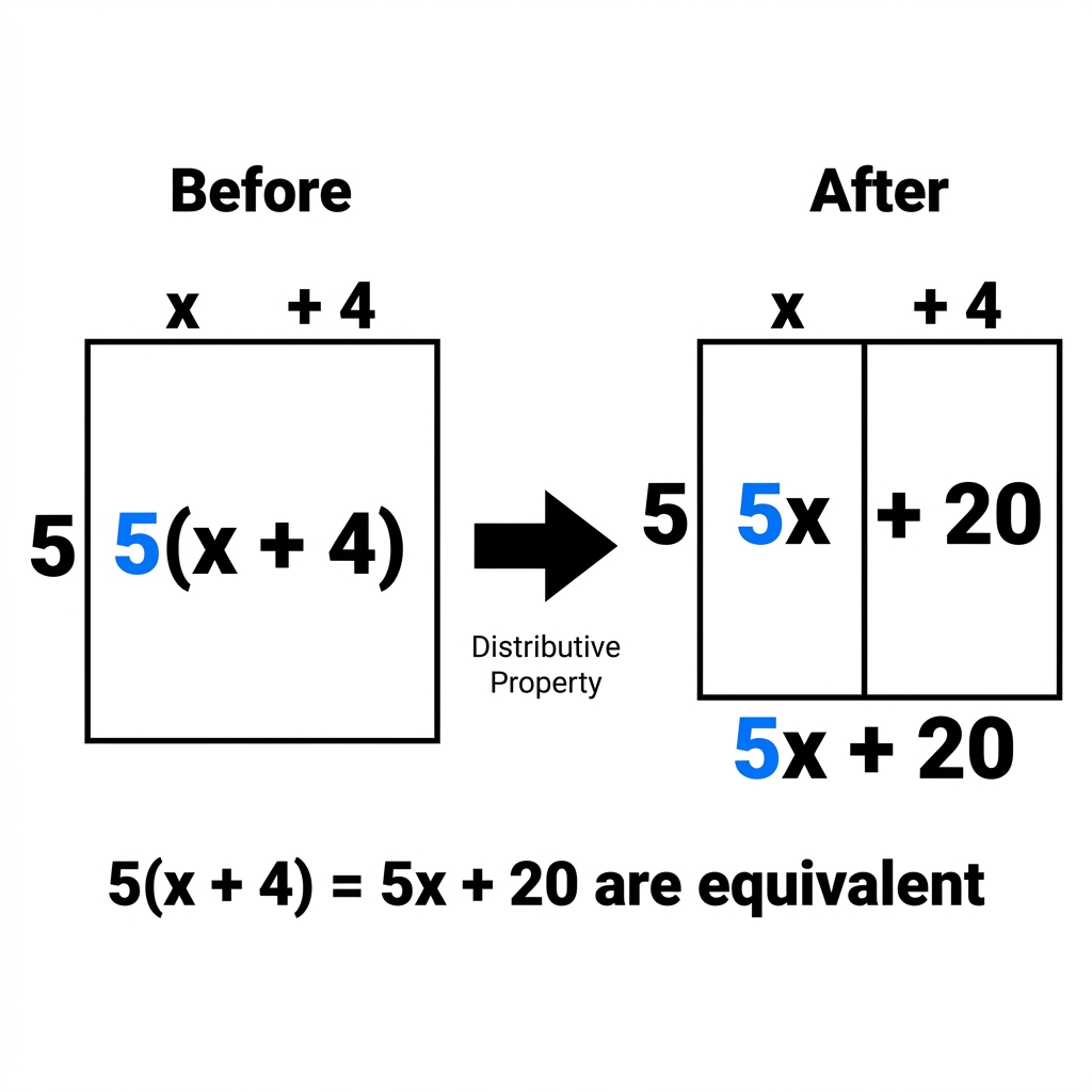Consider 5(x + 4). By distributing the 5, we get 5x + 20. These are equivalent because they represent the same value for any.