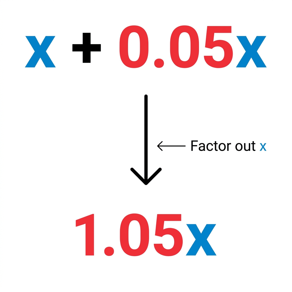 If you have a 5 percent tax on a purchase, you can write the total as x plus 0.05 times x. This is equivalent to 1.05 times.