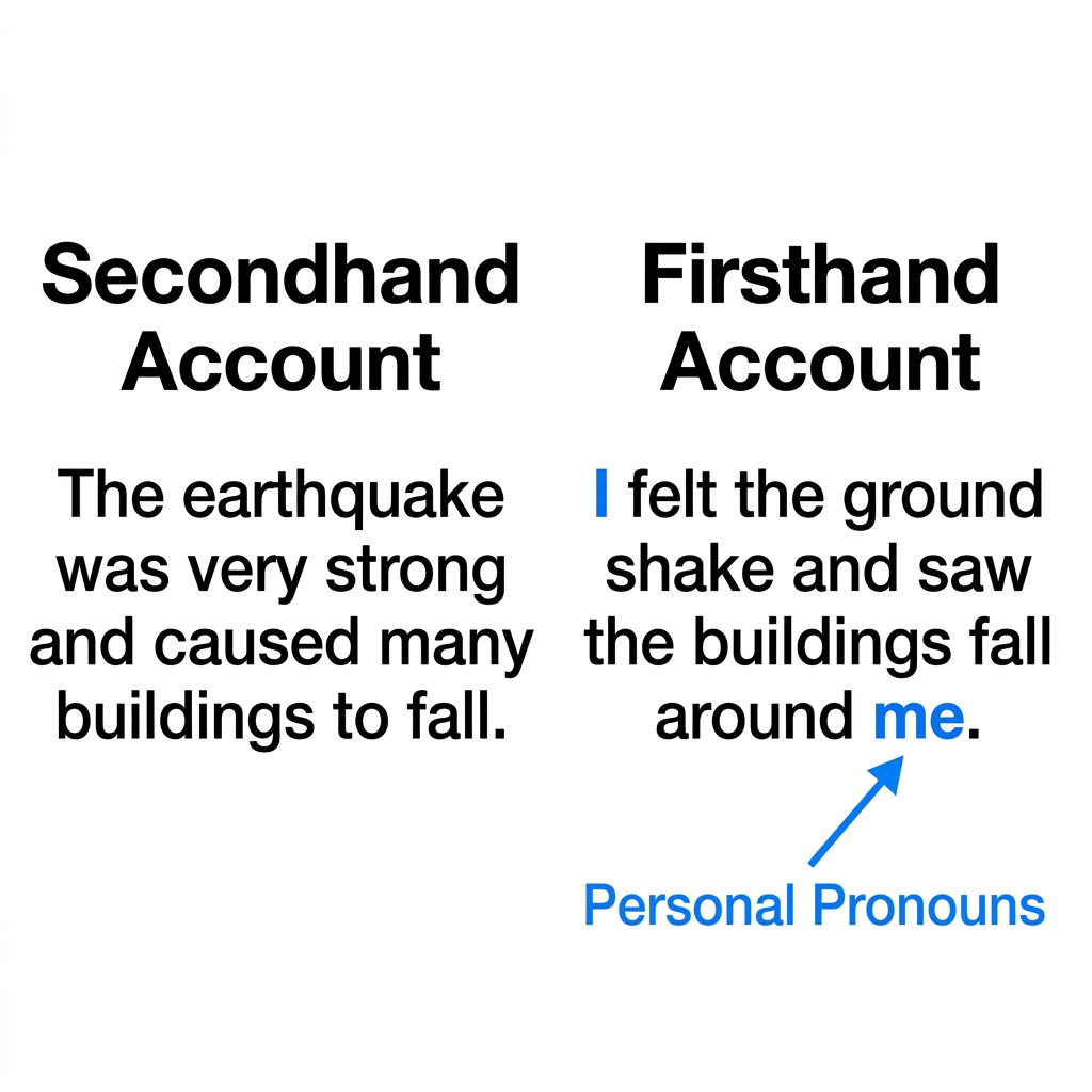 Non-example: 'The earthquake was very strong and caused many buildings to fall.' This is not a firsthand account because it.
