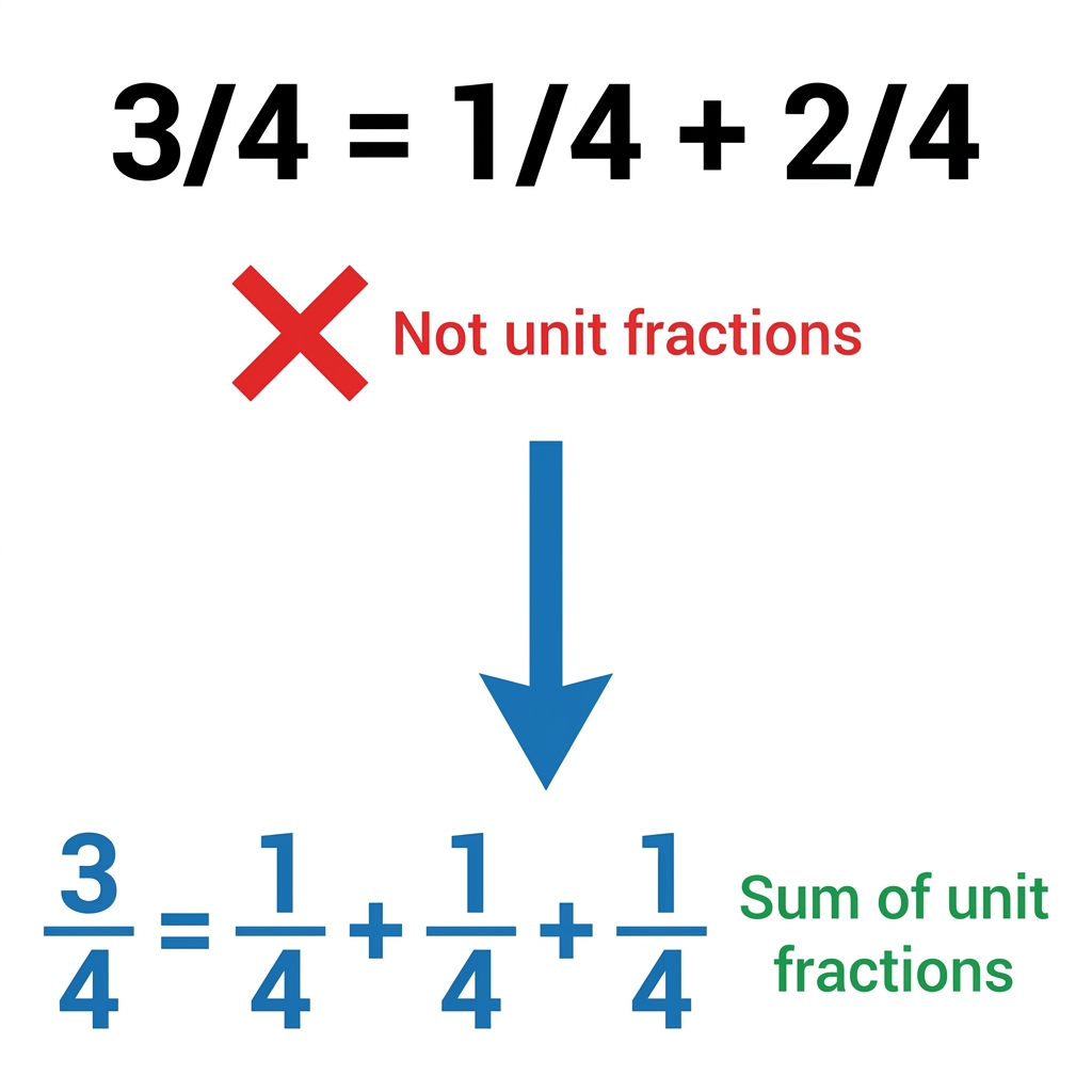 Writing 3/4 as 1/4 + 2/4 is a way to show the fraction, but it is not a sum of unit fractions because 2/4 is not a unit.