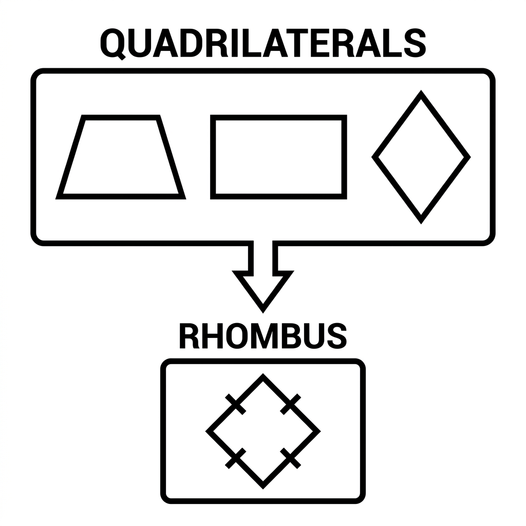 A rhombus is a quadrilateral with 4 equal sides. Because it is a quadrilateral, it has 4 sides. Because it is a rhombus, it.