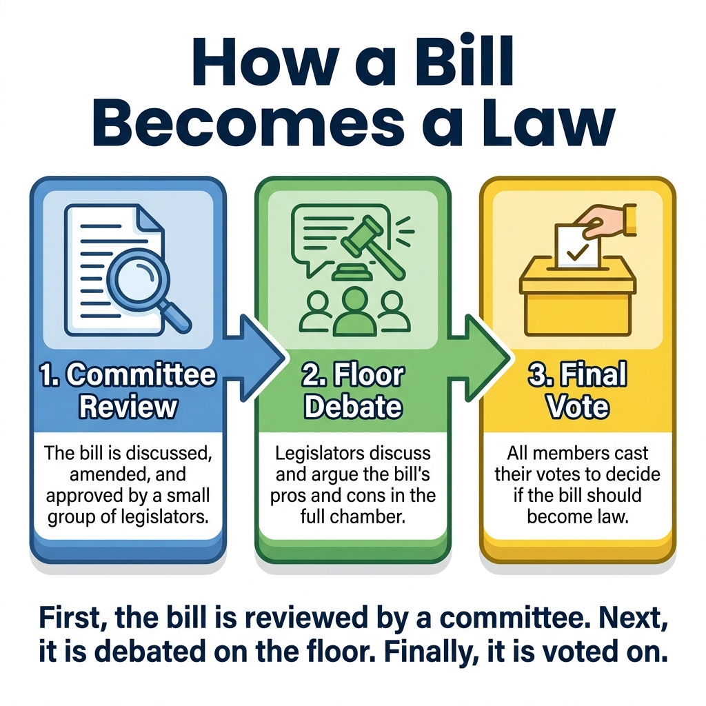 In the United States, a bill must go through a committee. The text says, 'First, the bill is reviewed by a committee. Next.