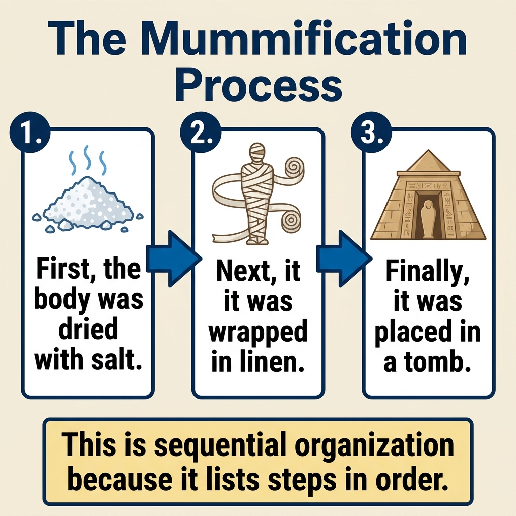 Example 1: The mummification process involved several steps. First, the body was dried with salt. Next, it was wrapped in.