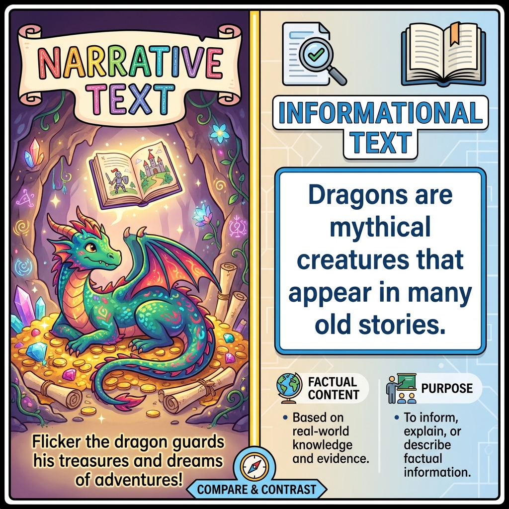 A story about a dragon living in a cave is a narrative, not an informational text. To make it informational, we would focus.