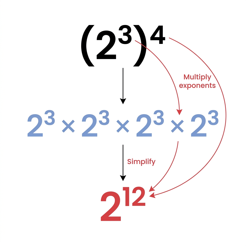 Consider the power of a power rule, such as 2 to the power of 3, all raised to the power of 4. This means we have 2 to the.