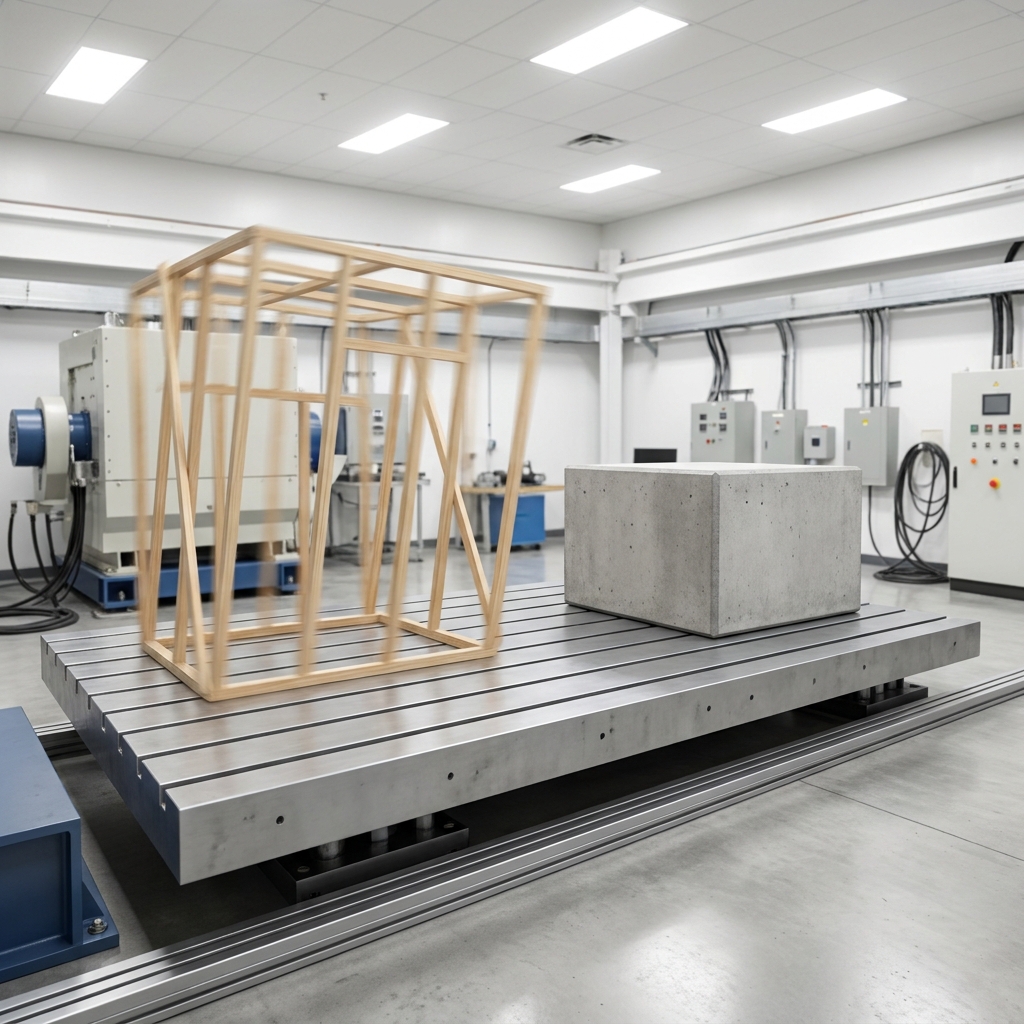 Engineers often measure how different building materials move during a simulated tremor. A light wooden frame moves quickly.