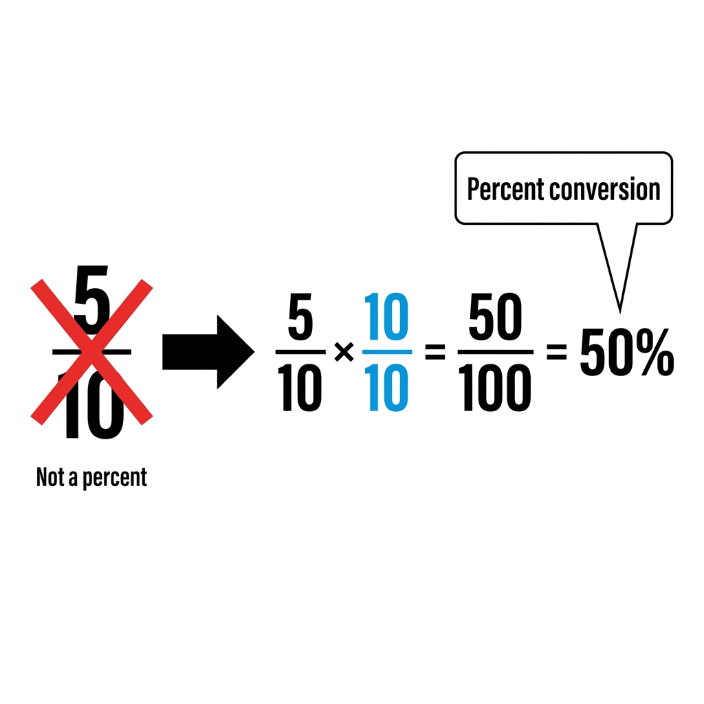 Another non-example is 5/10. This is a fraction, but not a percent yet. To make it a percent, we multiply both numbers by 10.