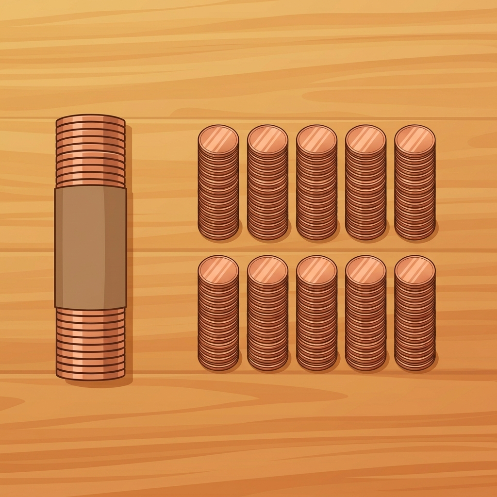Sometimes we have special cases like hundreds. One stack of 100 pennies is the same amount as 10 stacks of 10 pennies. Both.