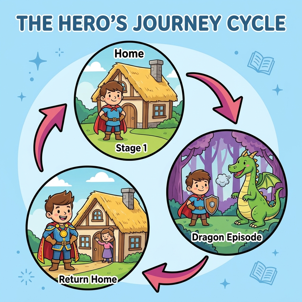 In a hero's journey, the hero leaves home, faces a dragon, and returns home. The dragon episode forces the hero to become.