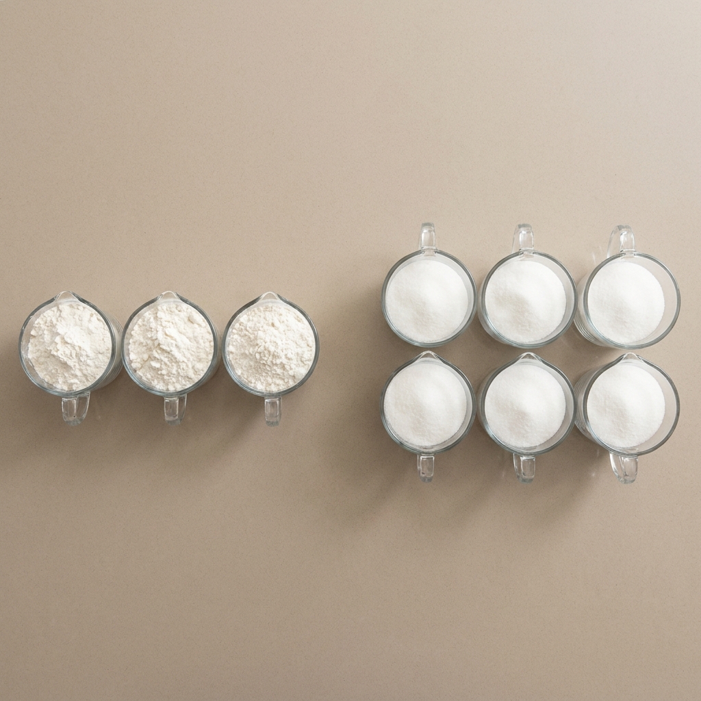 IMAGE_PROMPT: A kitchen counter with a measuring cup of flour and two measuring cups of sugar. Another example is a recipe.
