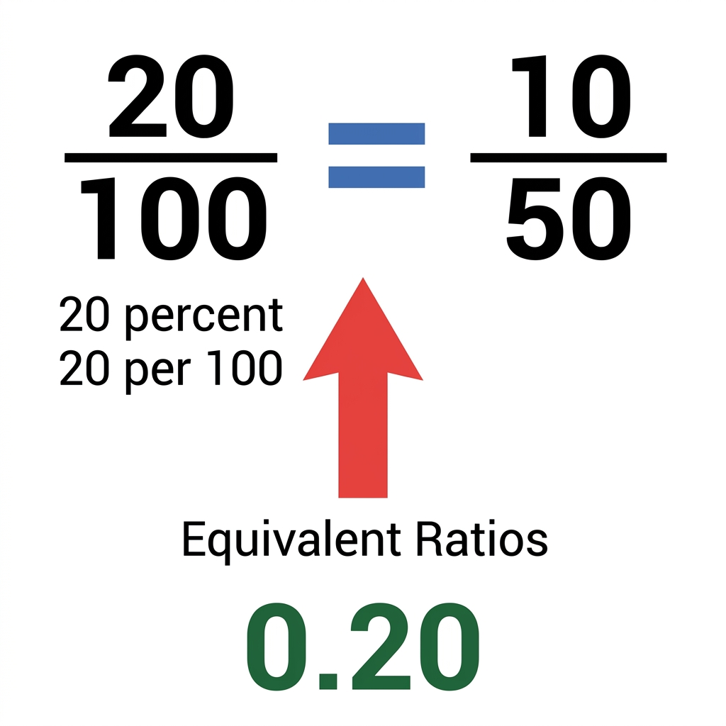 Another way to see this is that 20 percent is 20 per 100, which is the same as 10 per 50. We can express this as a fraction.