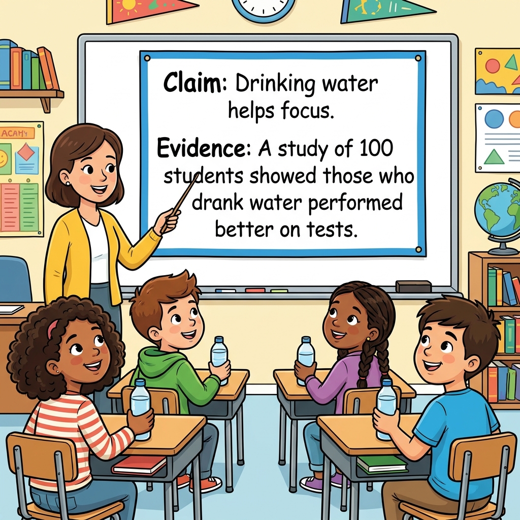Another example: A doctor says, 'You should drink more water because it helps your brain focus. A study of 100 students.