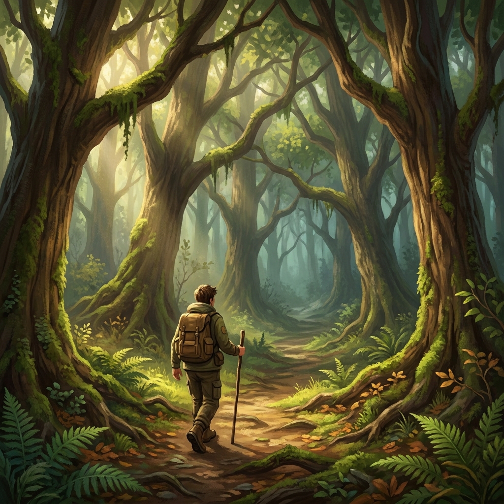 In an adventure novel, the story begins when the hero finds a path through a dense forest. The middle of the story follows.