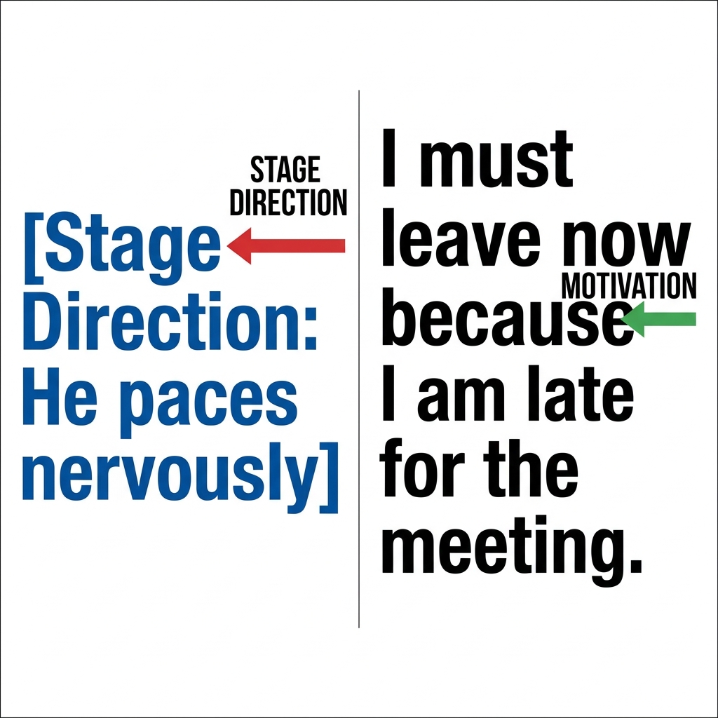 A stage direction is a note in a script that tells us what a character does, but it is not a motivation. A motivation.