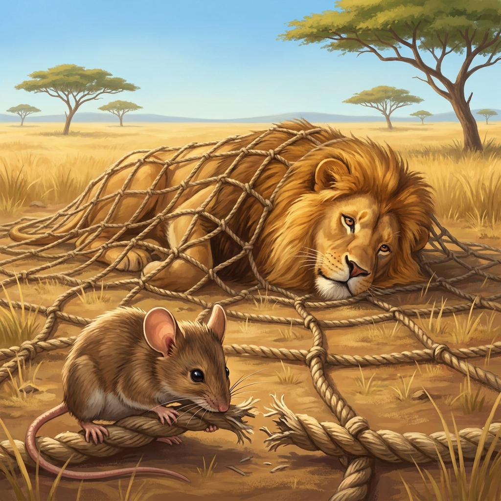 In a folktale, a mouse saves a lion from a net. The lion learns that even small friends can be helpful. This shows the main.