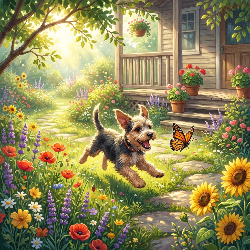 A puppy plays in the garden. He chases a butterfly near the porch.