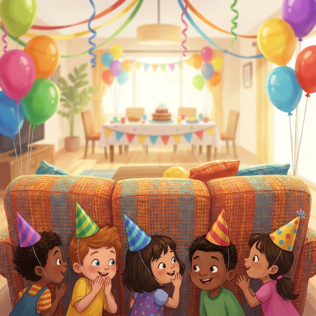 In a two-scene play about a birthday party, scene one shows the friends hiding behind the couch. This scene builds.