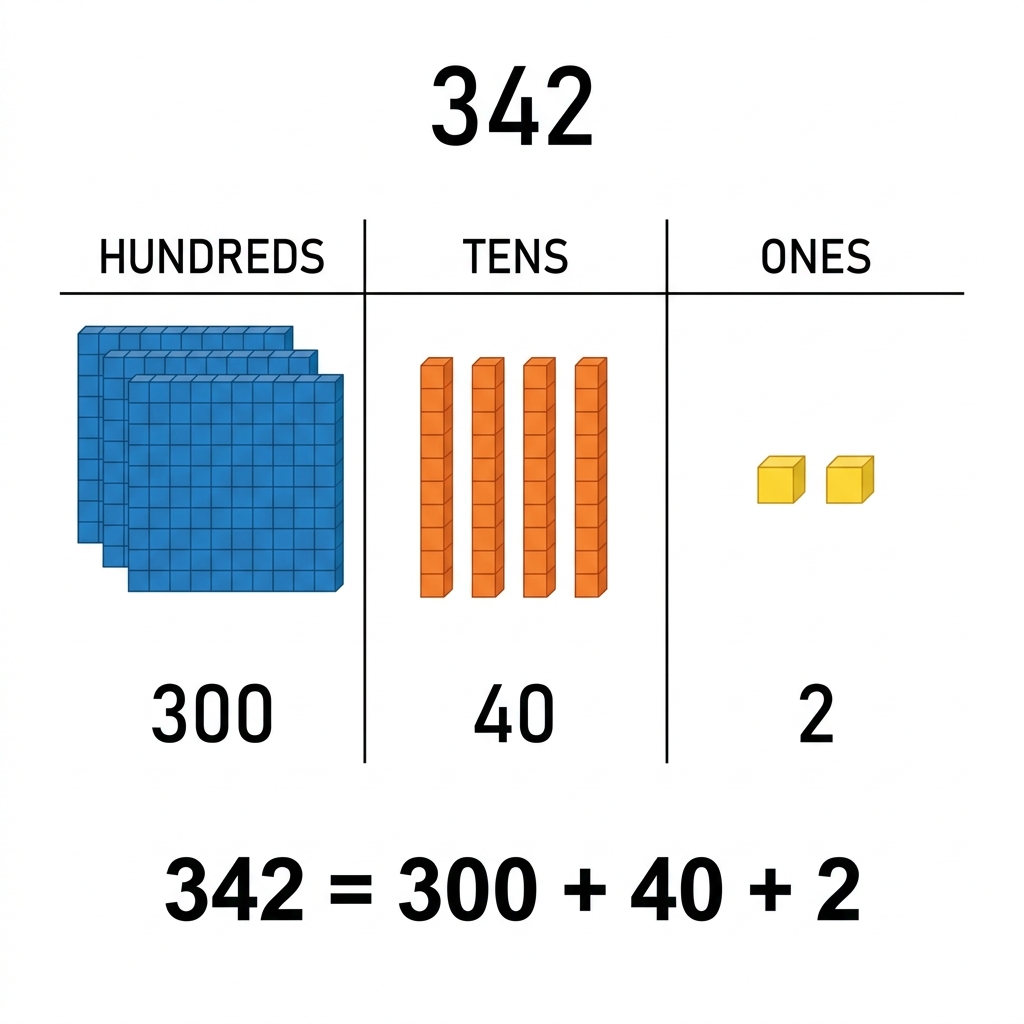 We can break 342 into 300 + 40 + 2. This shows the value of each digit.