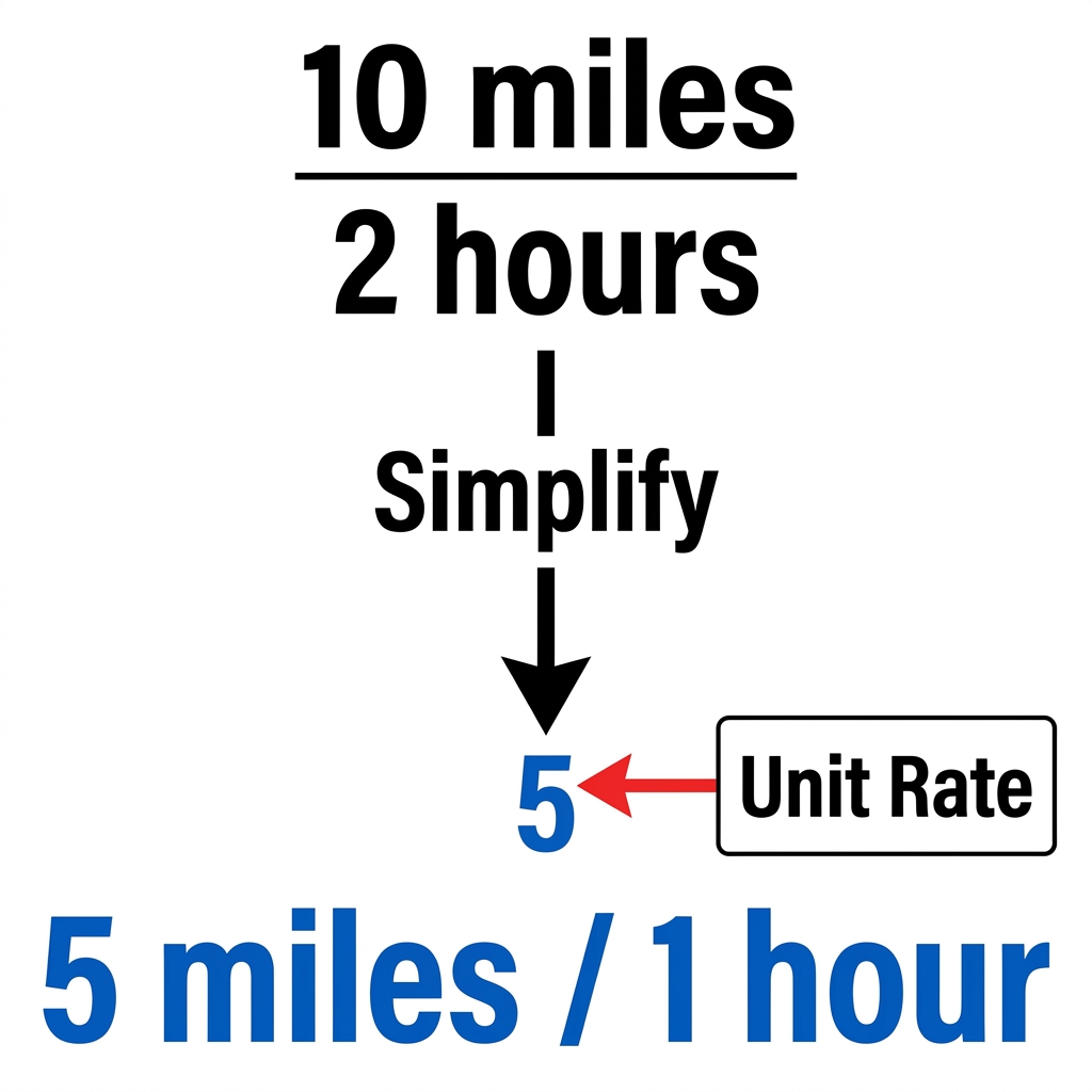 Example two: If a runner travels 10 miles in 2 hours, the unit rate is 5 miles per hour. We can express this as 5 miles per.