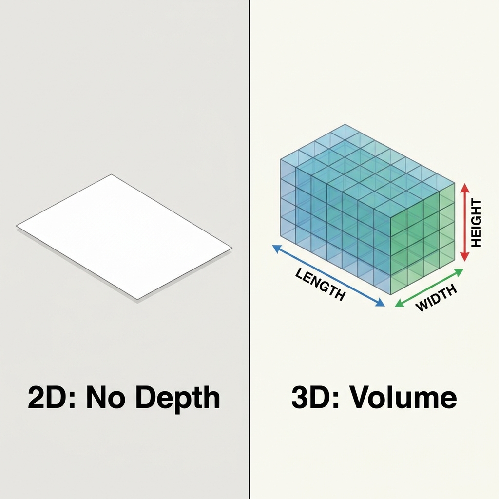 A flat piece of paper lacks depth, meaning it cannot hold unit cubes and therefore does not have volume. To represent.