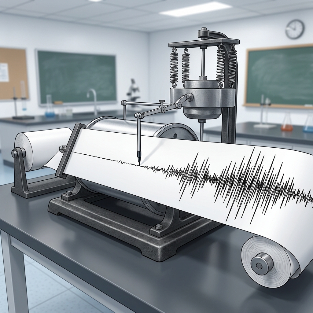 A seismograph records earthquake waves. A small tremor shows a line with very little movement, while a large earthquake.