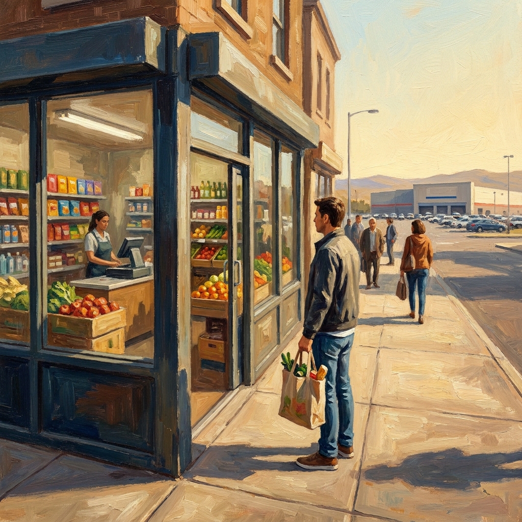 Now consider where you shop for groceries. A small corner store is usually right in your neighborhood, while a large.